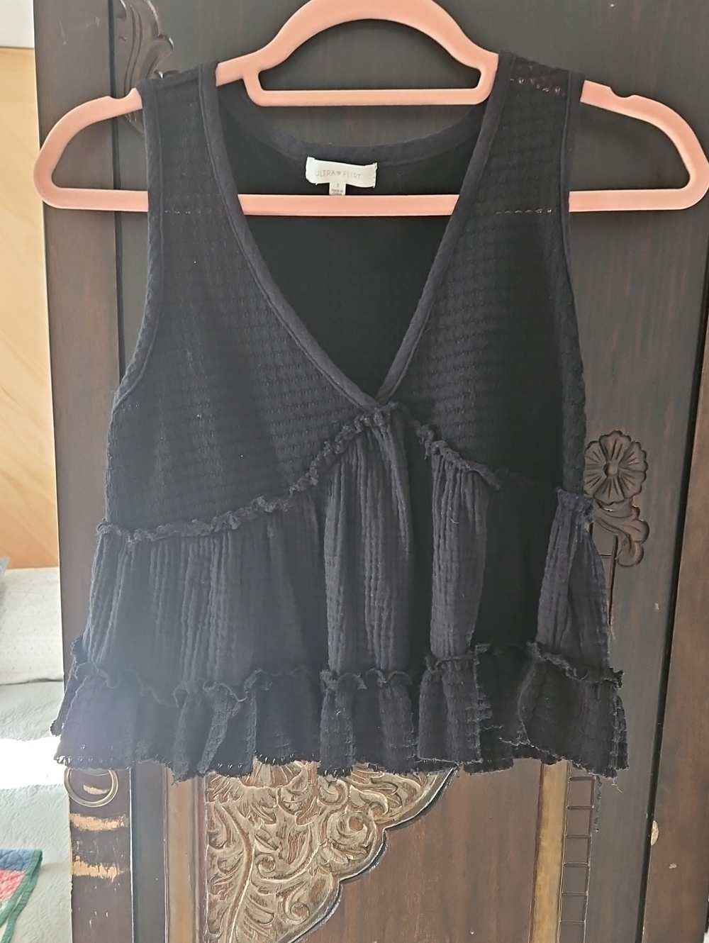 Ultra Flirt Black Ruffled V-Neck Tank Top